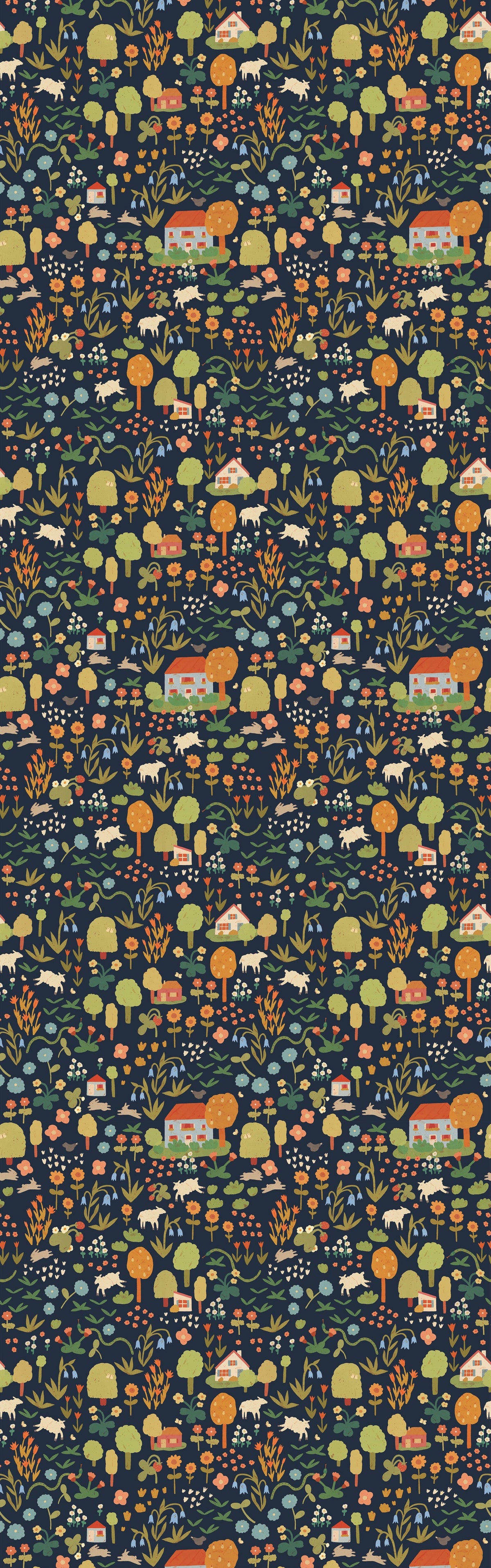 Hele baan met Kinderbehang met donderblauwe achtergrond en illustraties met bloemen, konijnen, schapen, bomen en huizen