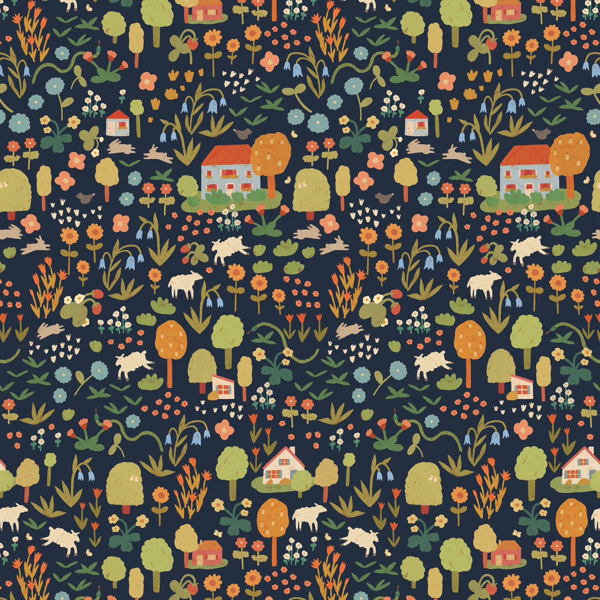 Kinderbehang met donderblauwe achtergrond en illustraties met bloemen, konijnen, schapen, bomen en huizen